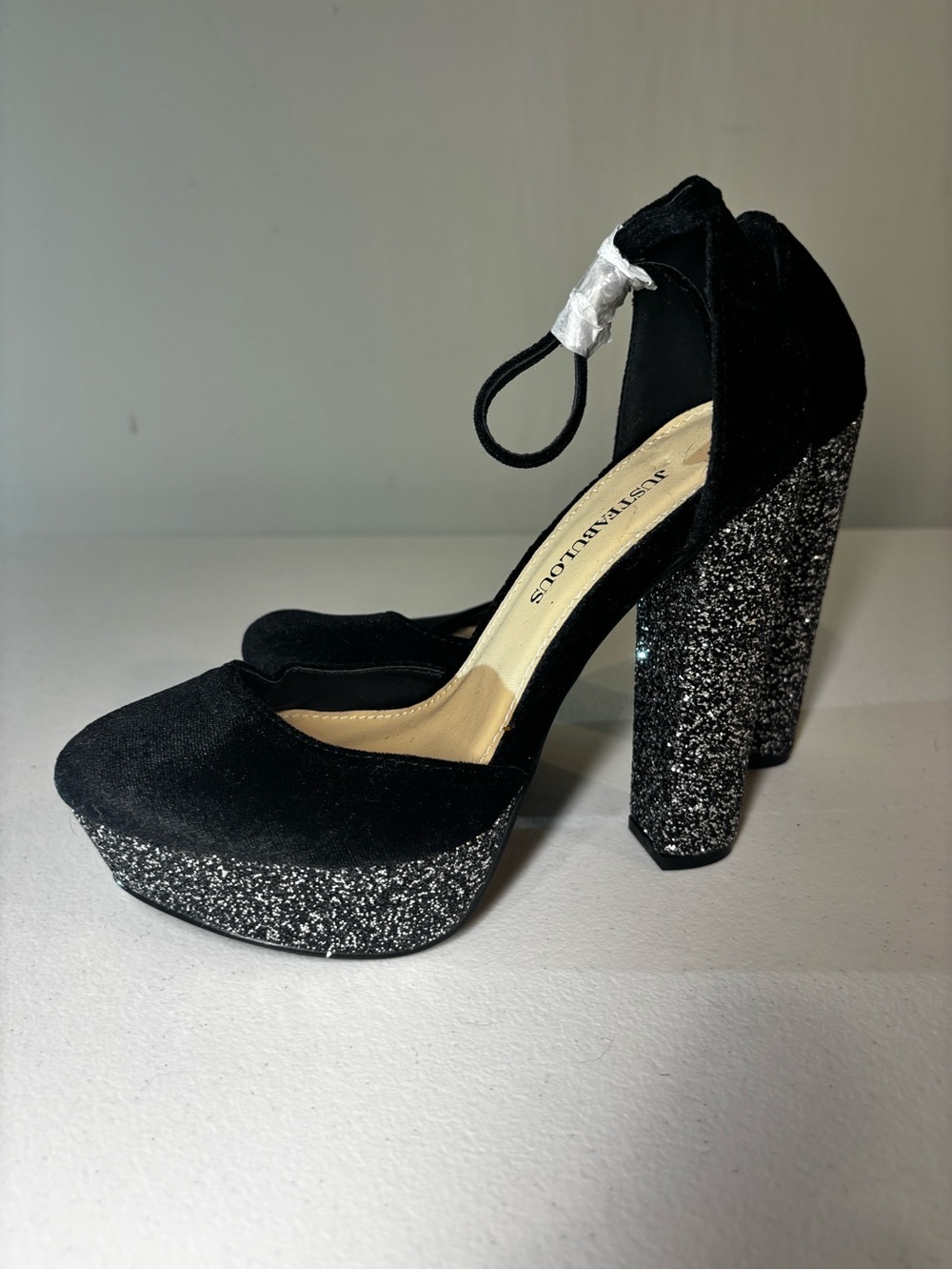 JustFab Black Glitter Platform Block Heel Pumps